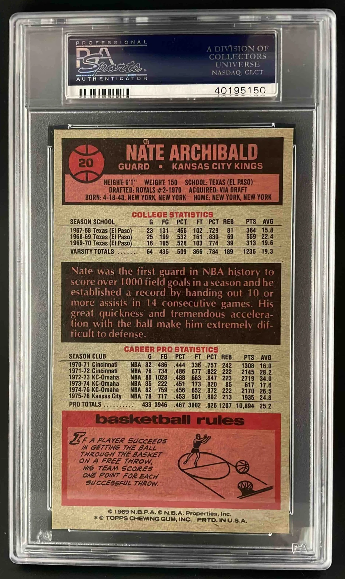 1976-77 Topps #20 Nate Archibald UER PSA 9 - Image 2