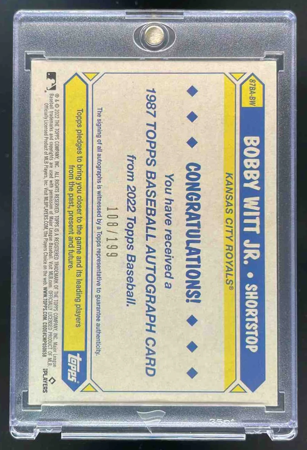 2022 Topps 1987 35th Anniversary Black #87BA-BW Bobby Witt Jr. RC Auto /199 - Image 2