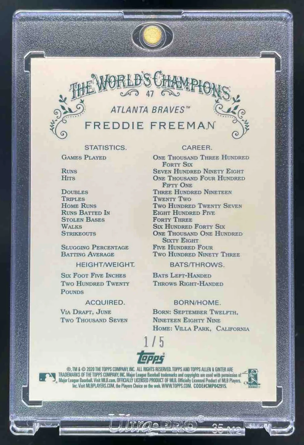 2020 Topps Allen & Ginter Chrome Red #47 Freddie Freeman /5 - Image 2