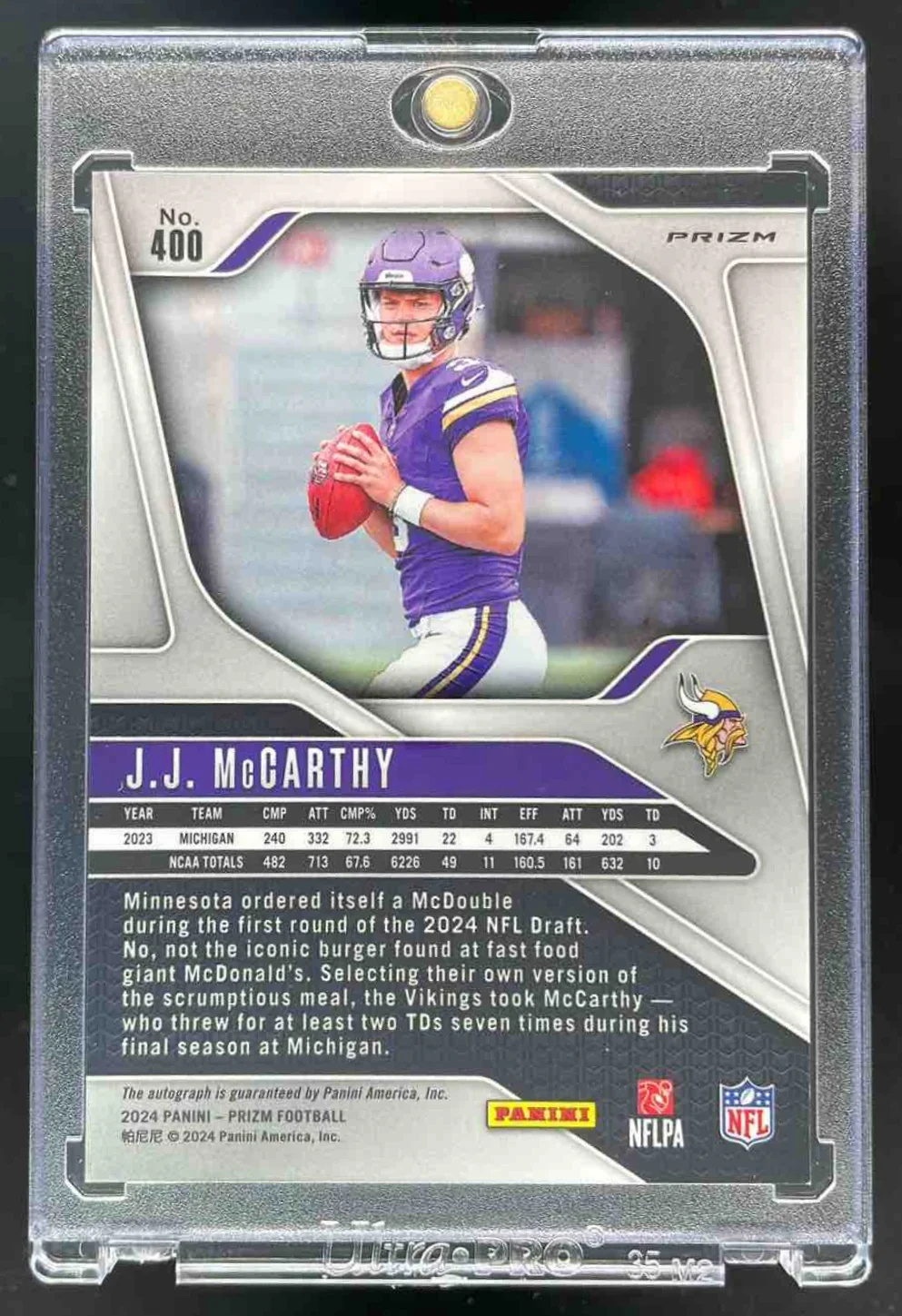 2024 Panini Prizm Autographs Purple Pulsar Prizm #400 J.J. McCarthy RC Auto - Image 2
