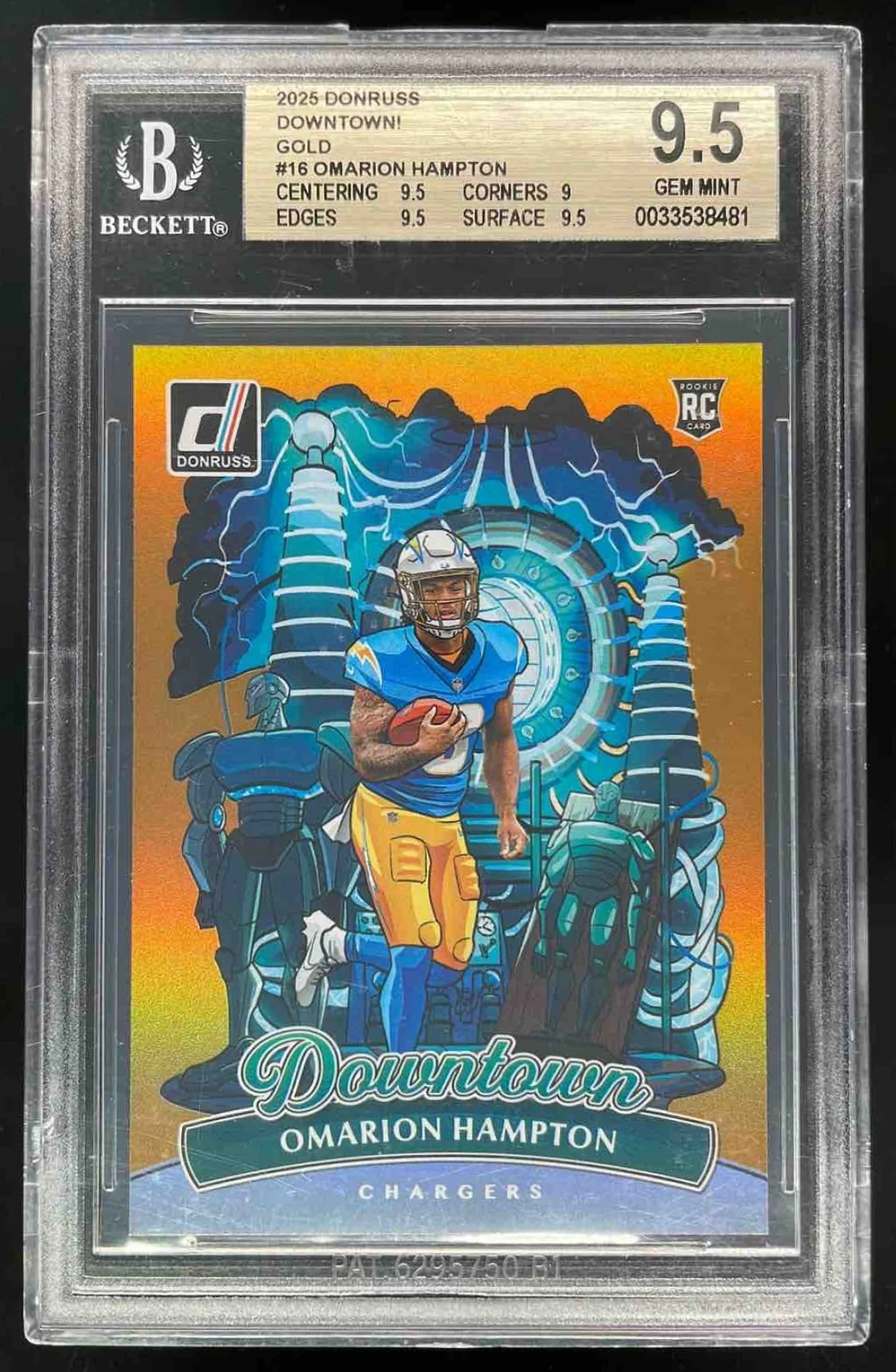 2025 Panini Donruss Downtown! SP Gold #16 Omarion Hampton /10 BGS 9.5