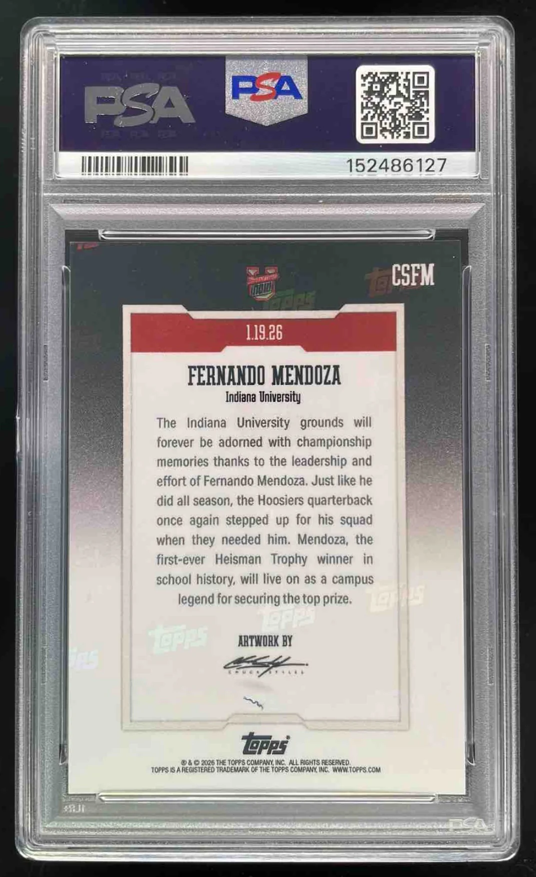2025 Bowman Now University Art Card Black Foil #CSFM Fernando Mendoza /10 PSA 10 - Image 2