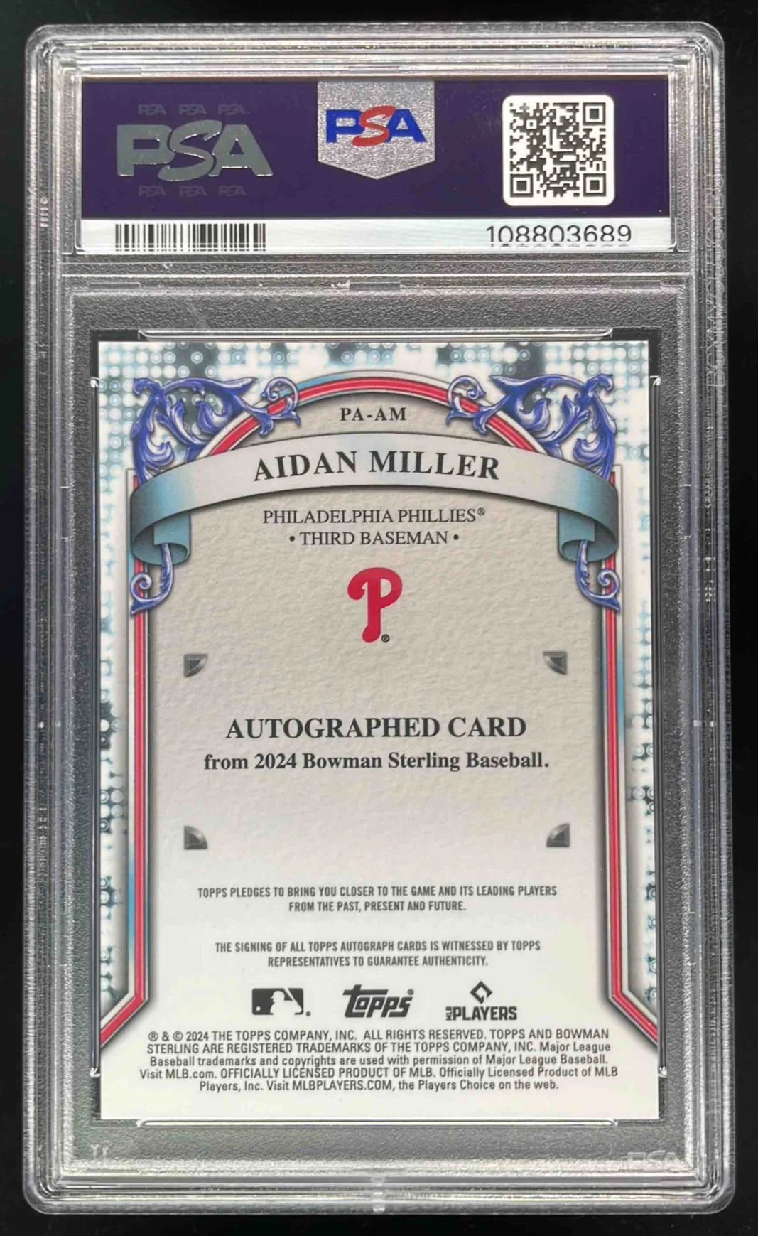 2024 Bowman Sterling Prospect Gold #PA-AM Aidan Miller Auto /50 PSA 10 - Image 2