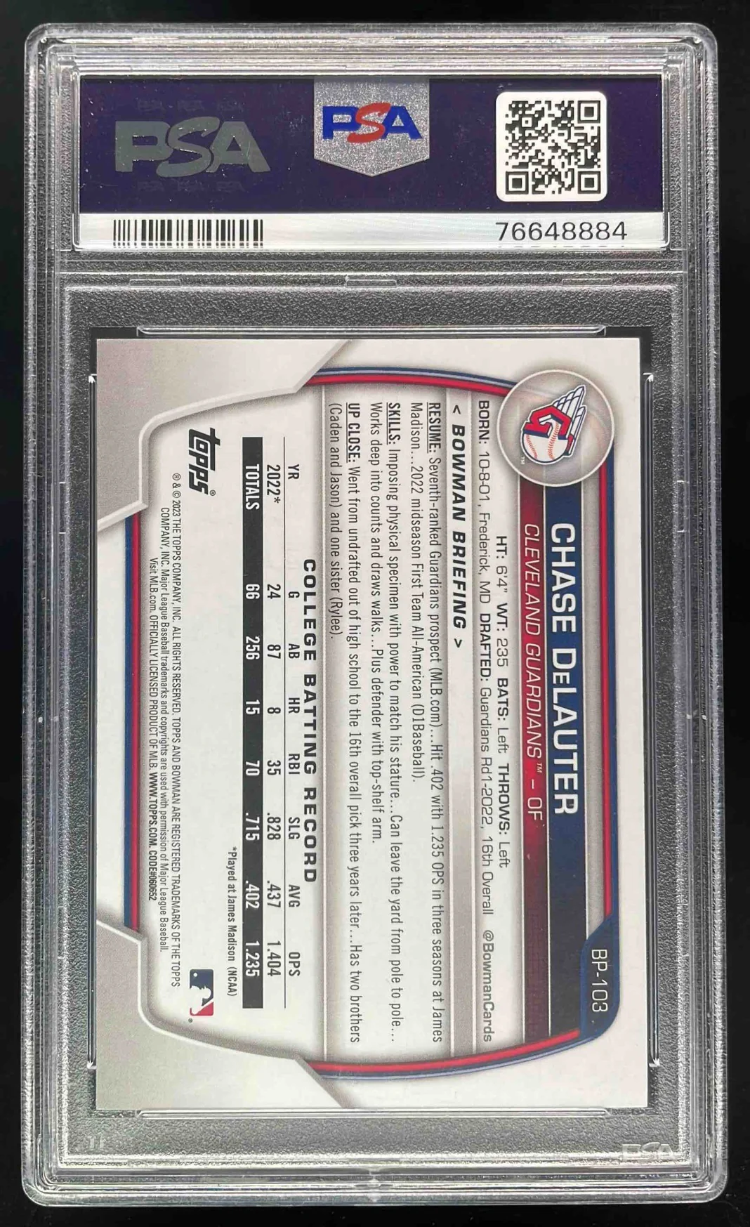 2023 Bowman Prospects Platinum #BP-103 Chase DeLauter 1/1 PSA 9 - Image 2