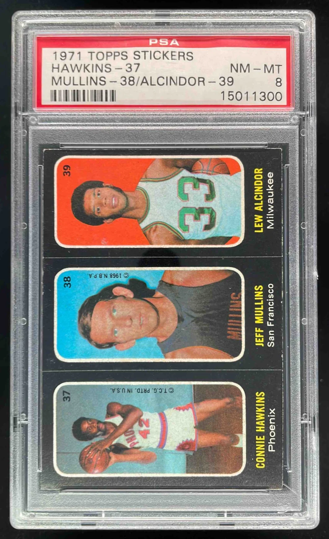 1971-72 Topps Trios Stickers Connie Hawkins Jeff Mullins Lew Alcindor PSA 8