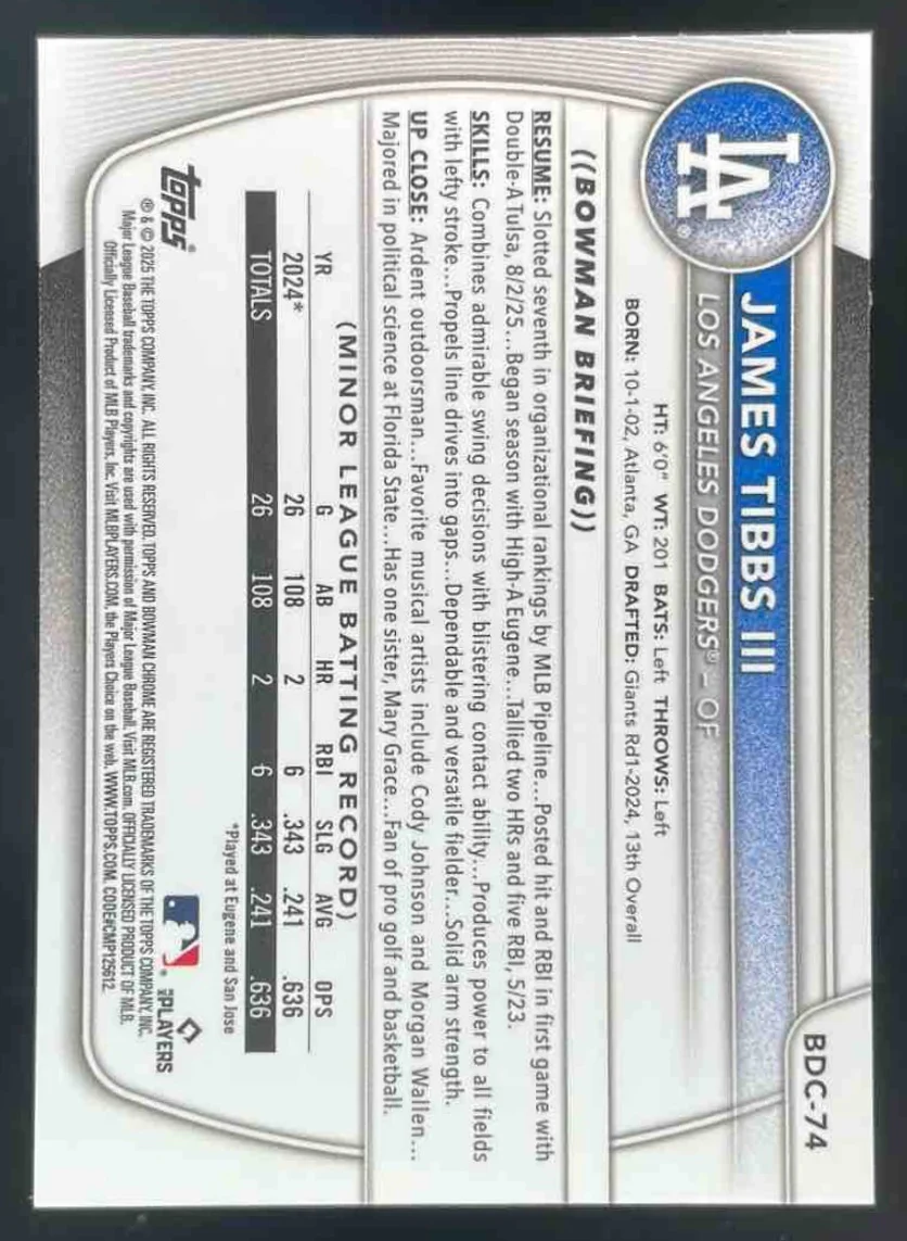 2025 Bowman Draft Sapphire Chrome #BDC-74 James Tibbs III - Image 2