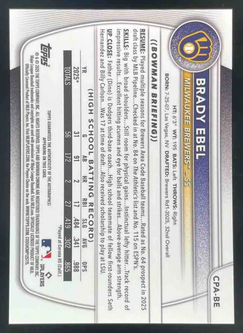 2025 Bowman Draft Chrome Prospect Autograph #CPA-BE Brady Ebel RC Auto - Image 2