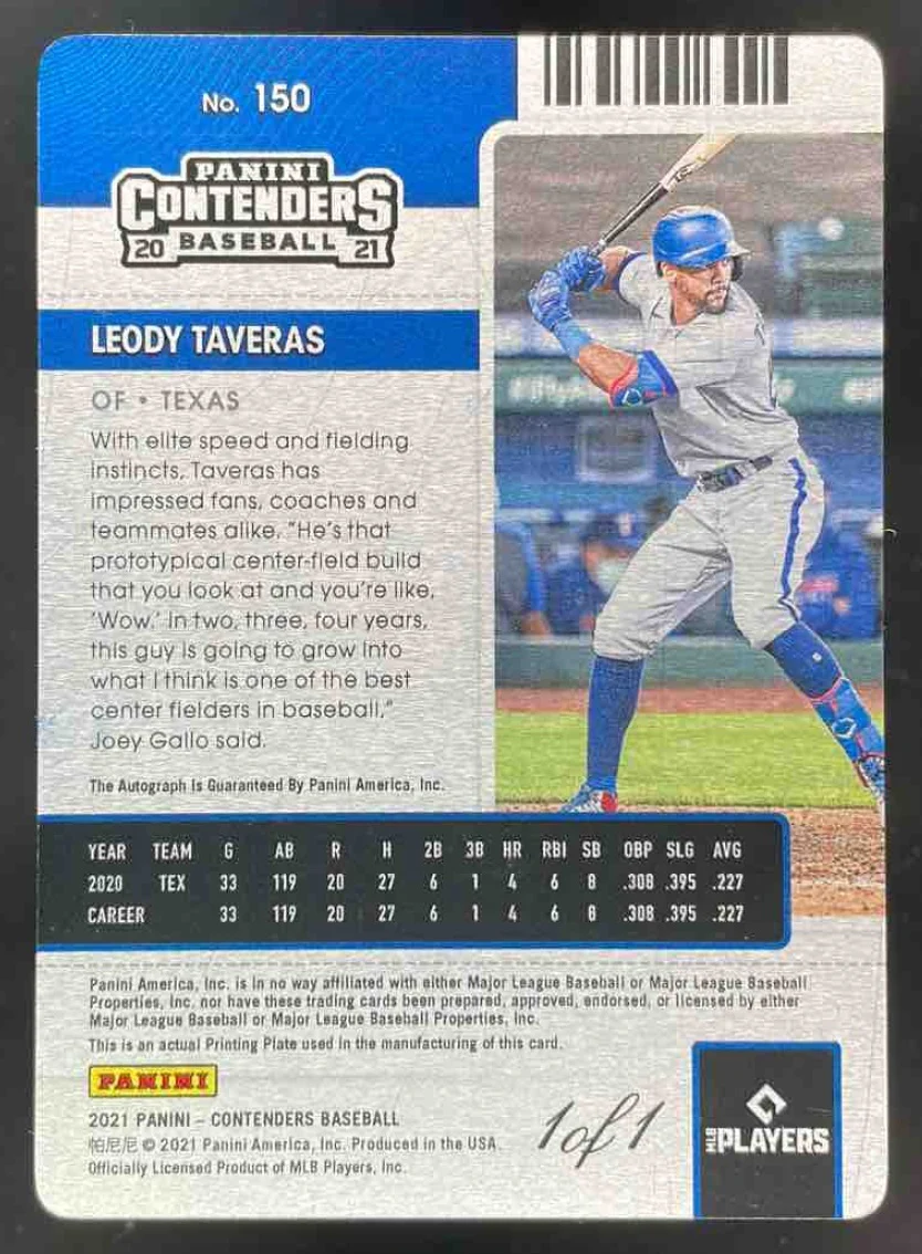 2021 Panini Contenders Printing Plate Black #150 Leody Taveras RC Auto 1/1 - Image 2