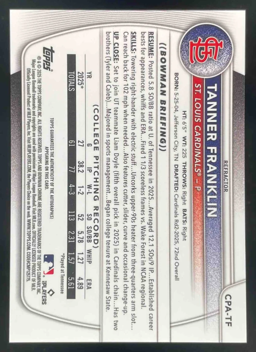 2025 Bowman Draft Chrome Prospect #CPA-TF Tanner Franklin RC Auto /499 - Image 2