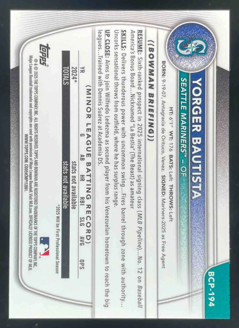 2025 Bowman Chrome Prospects Green Refractor #BCP-194 Yorger Bautista RC /99 - Image 2
