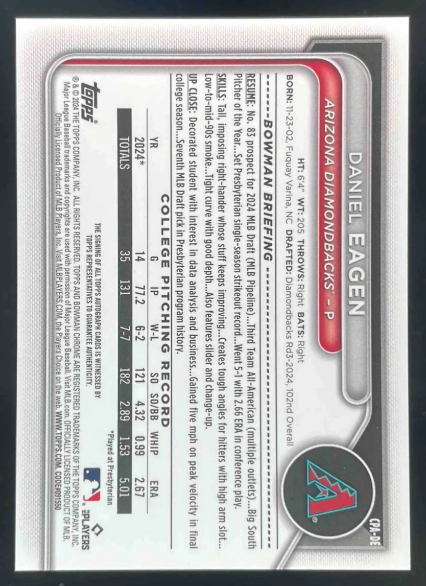 2024 Bowman Draft Chrome Prospect Autographs #CPA-DE Daniel Eagen RC Auto - Image 2
