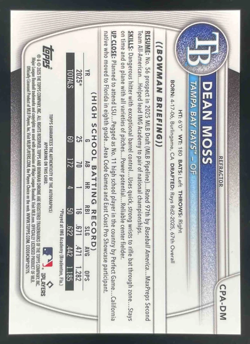 2025 Bowman Draft Chrome Prospect #CPA-DM Dean Moss Auto /499 - Image 2