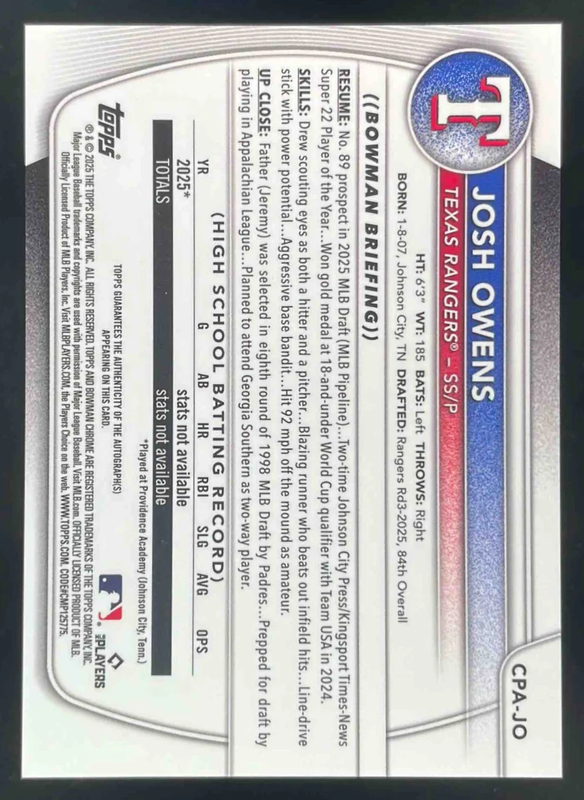 2025 Bowman Draft Chrome Prospect Autograph #CPA-JO Josh Owens RC Auto - Image 2