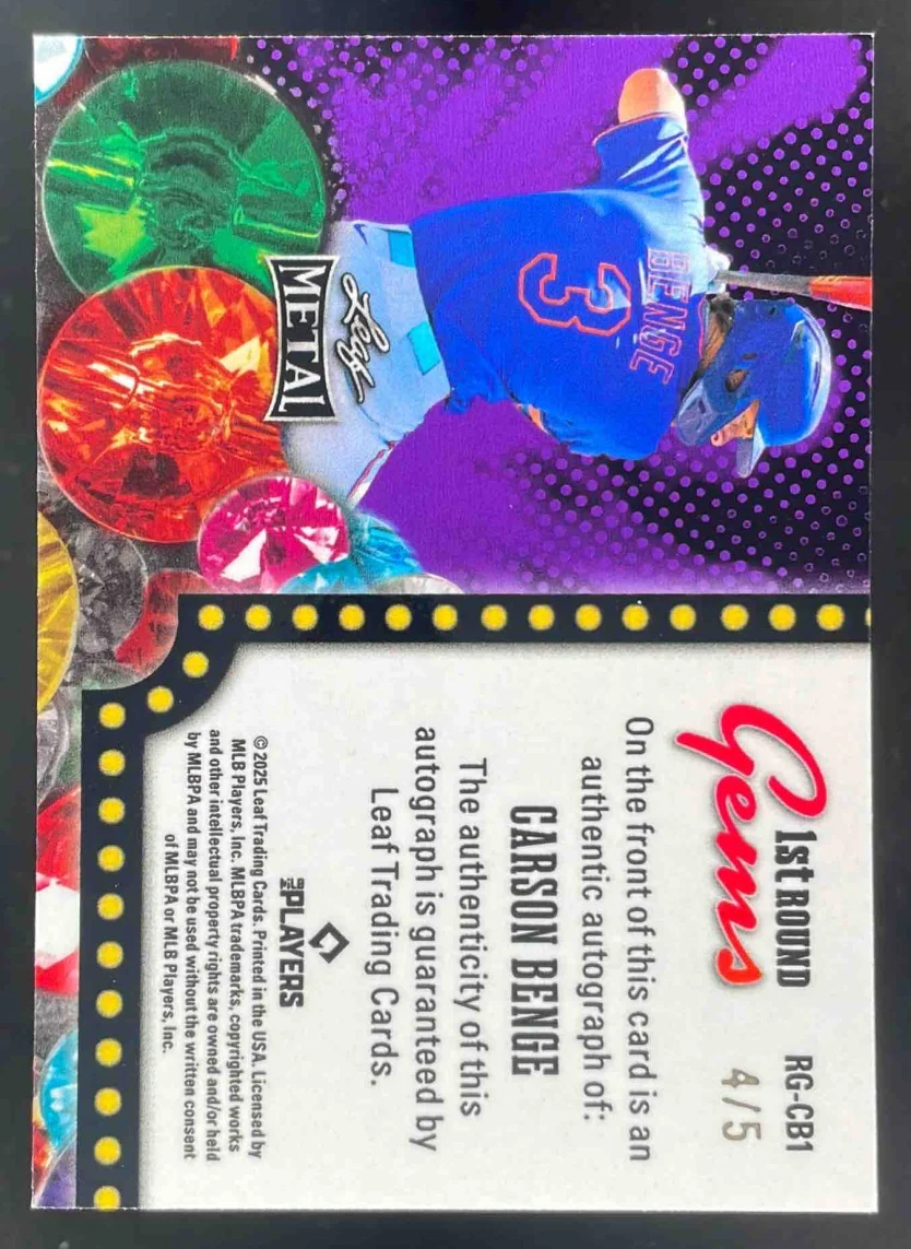 2025 Leaf Metal RC Round Gems Prismatic Oil Slick #RG-CB1 Carson Benge Auto /5 - Image 2