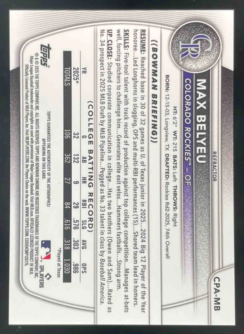 2025 Bowman Draft Chrome Prospect #CPA-MB Max Belyeu RC Auto /499 - Image 2