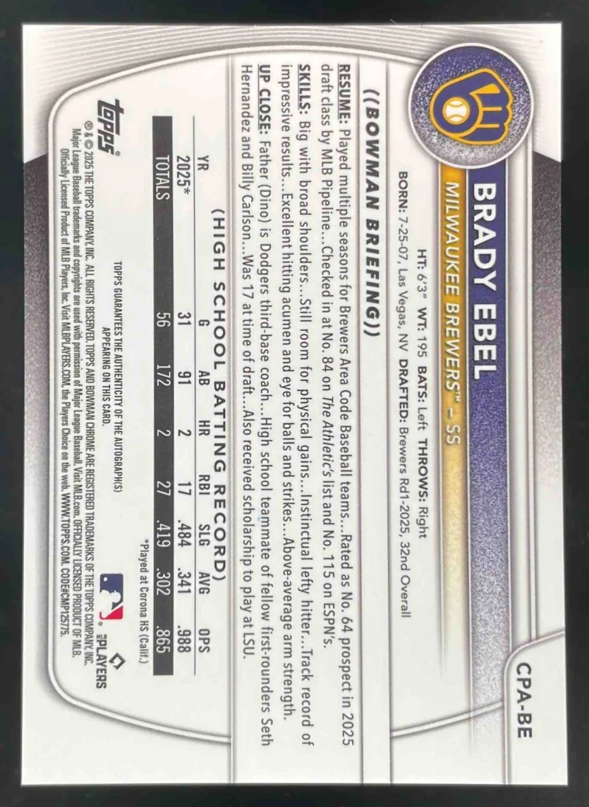 2025 Bowman Draft Chrome Prospect Autograph #CPA-BE Brady Ebel RC Auto - Image 2