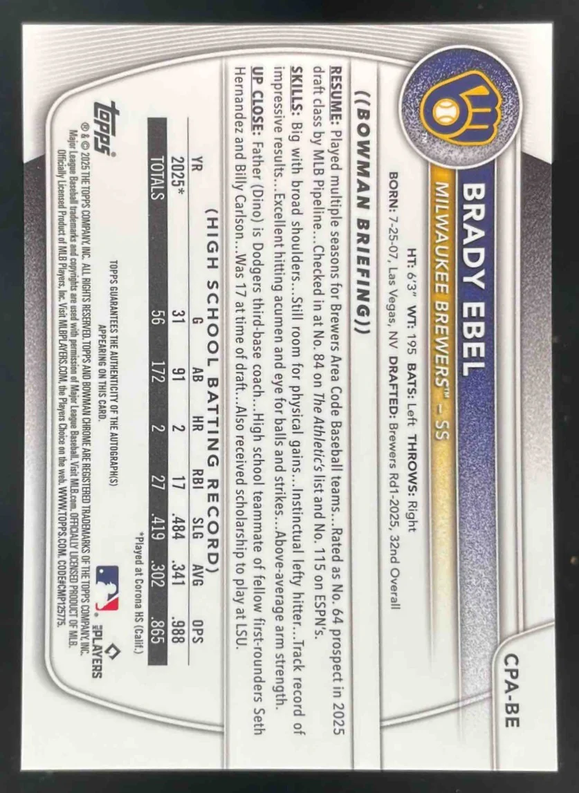 2025 Bowman Draft Chrome Prospect Autograph #CPA-BE Brady Ebel RC Auto - Image 2