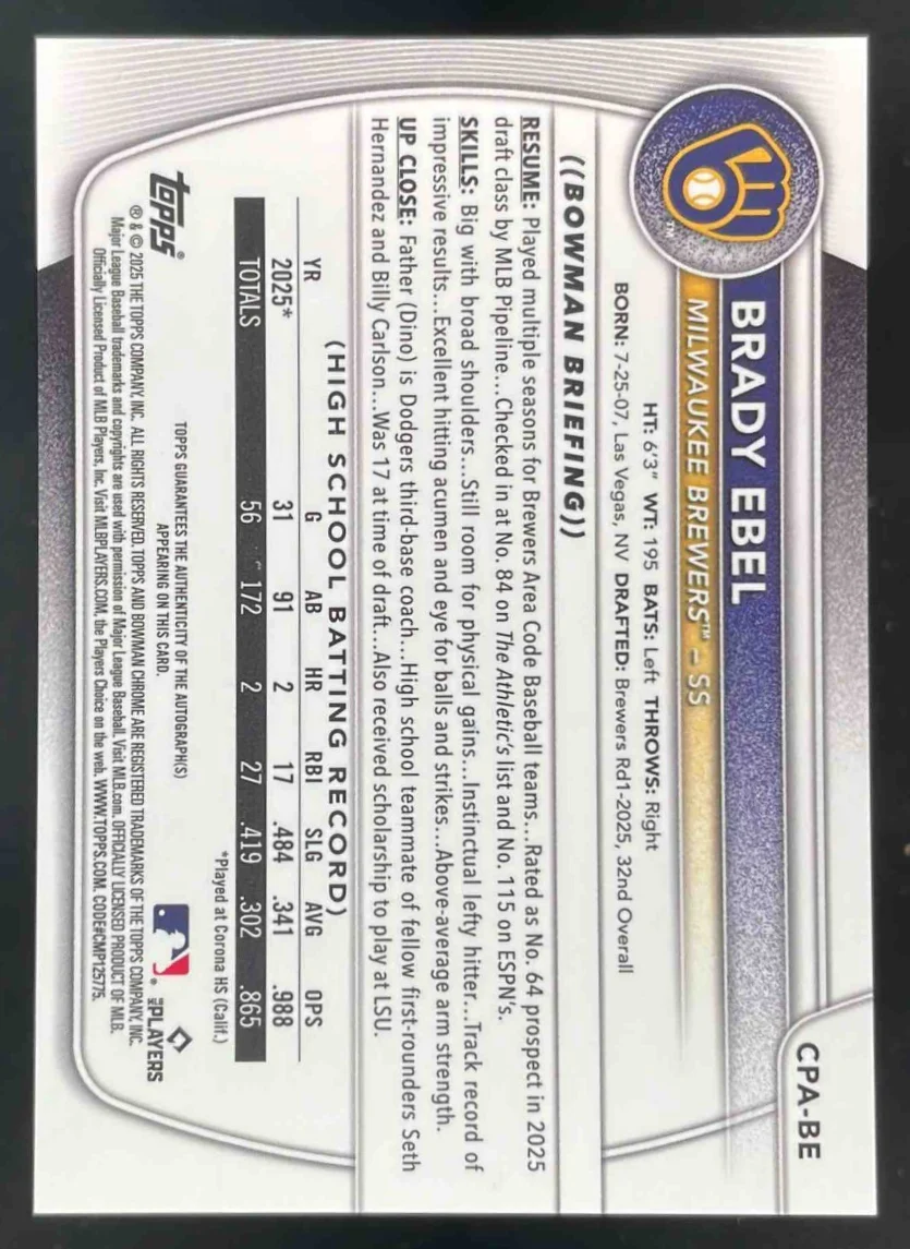 2025 Bowman Draft Chrome Prospect Autograph #CPA-BE Brady Ebel RC Auto - Image 2