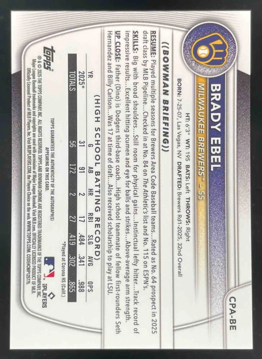 2025 Bowman Draft Chrome Prospect Autograph #CPA-BE Brady Ebel RC Auto - Image 2