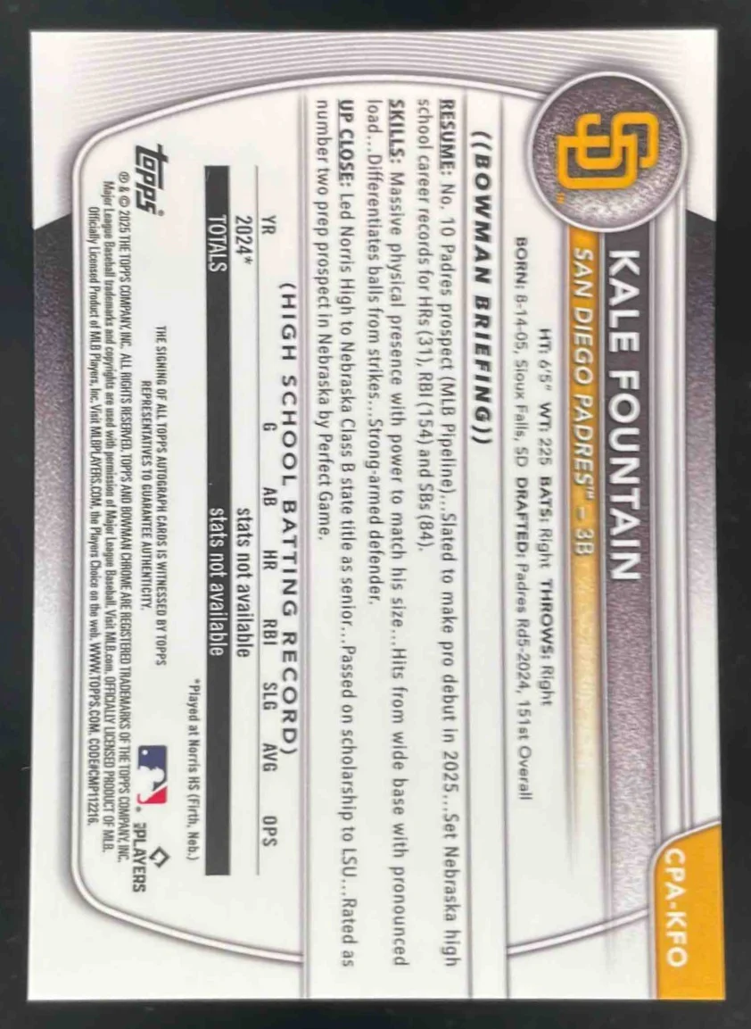 2025 Bowman Chrome Prospect Autograph #CPA-KFO Kale Fountain RC Auto - Image 2
