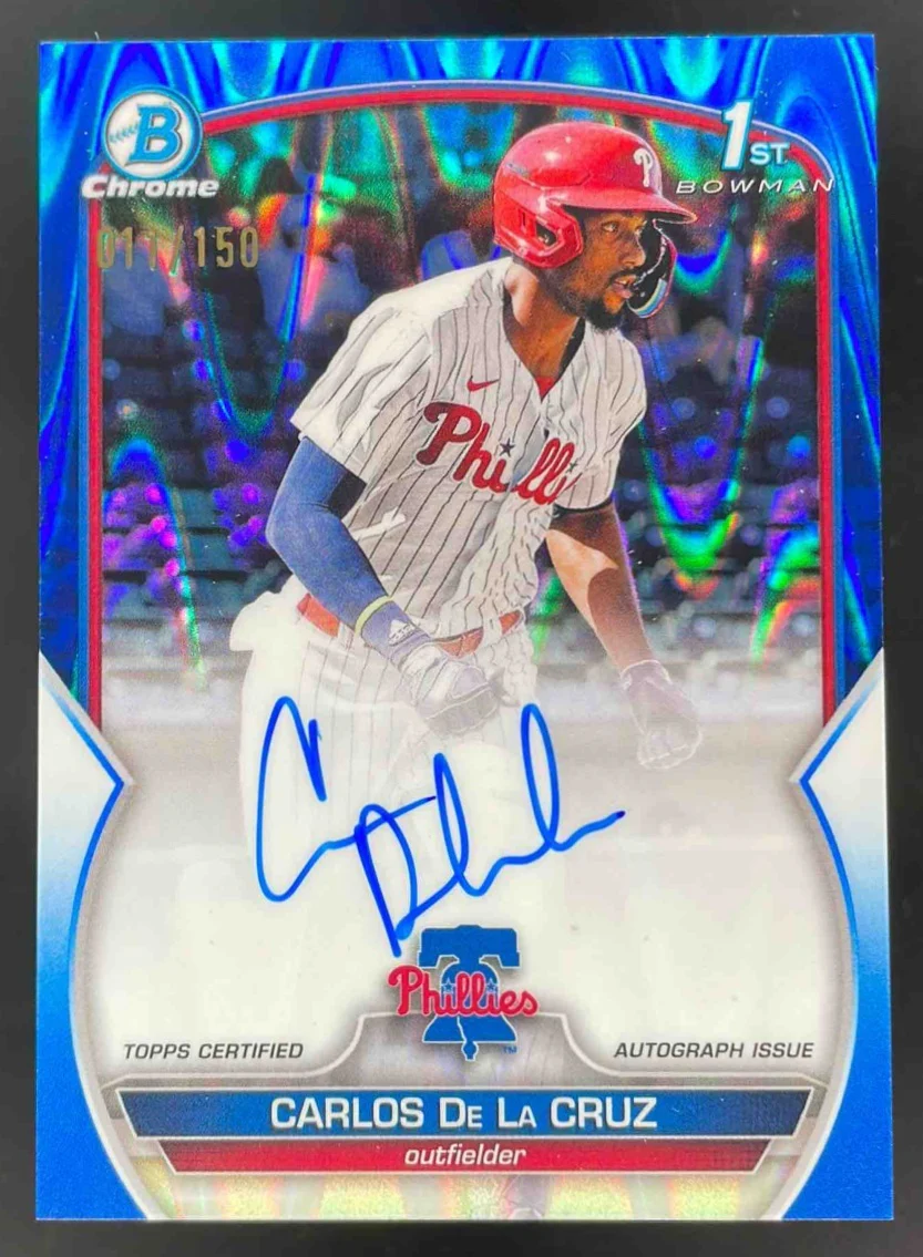 2023 Bowman Chrome Prospect Blue RayWave #CPA-CDC Carlos De La Cruz RC Auto /150