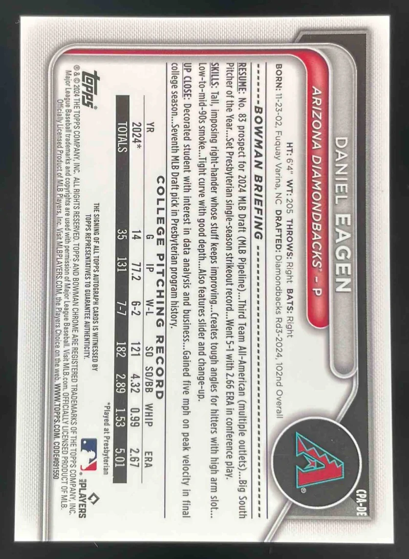 2024 Bowman Draft Chrome Prospect Purple #CPA-DE Daniel Eagen RC Auto /250 - Image 2