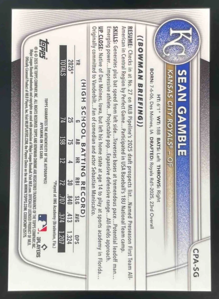 2025 Bowman Draft Chrome Prospect Autograph #CPA-SG Sean Gamble RC Auto - Image 2