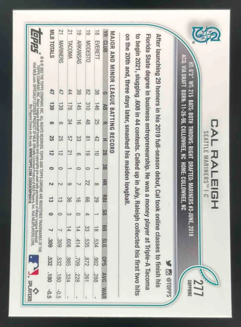 2022 Topps Chrome Sapphire Chrome #277 Cal Raleigh RC - Image 2