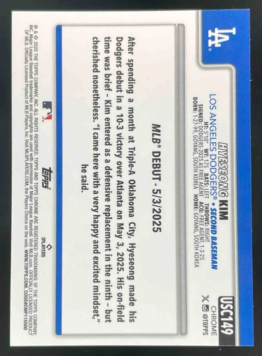 2025 Topps Chrome Update Blue Wave Refractor #USC149 Hyeseong Kim RC /150 - Image 2