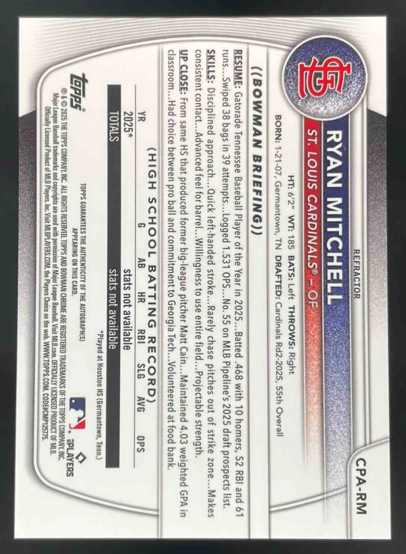 2025 Bowman Draft Chrome Prospect #CPA-RM Ryan Mitchell RC Auto /499 - Image 2