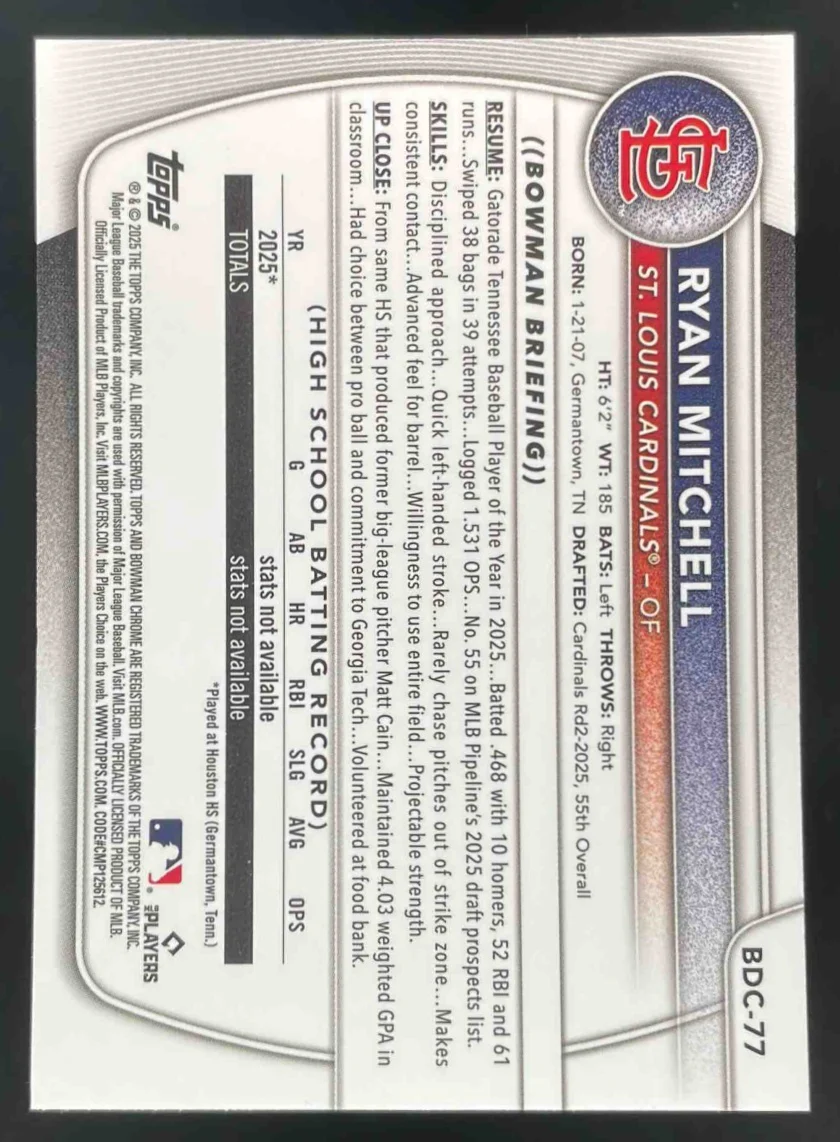 2025 Bowman Draft Chrome Yellow Geometric Refractor #BDC-77 Ryan Mitchell RC /75 - Image 2