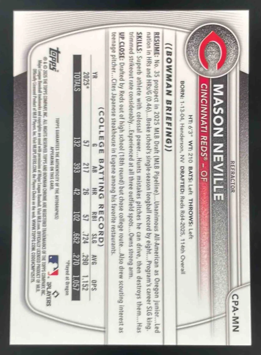 2025 Bowman Draft Chrome Prospect #CPA-MN Mason Neville RC Auto /499 - Image 2