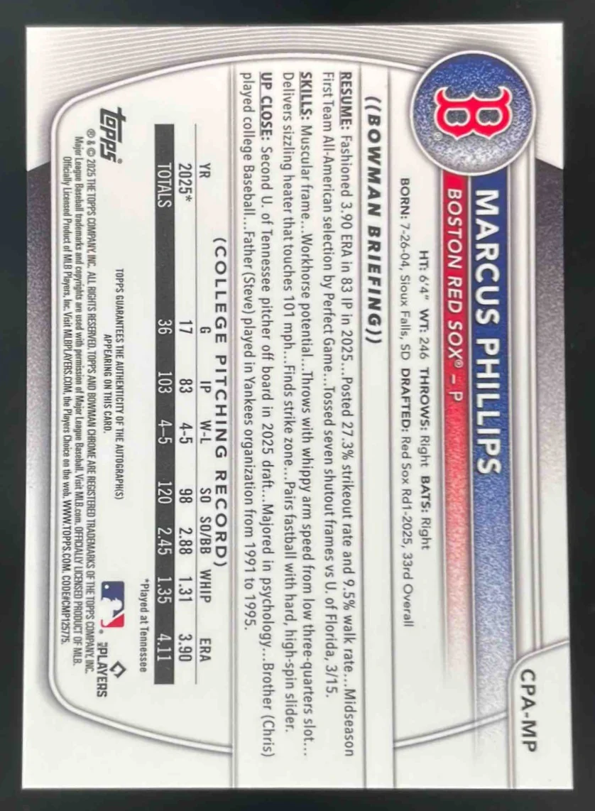 2025 Bowman Draft Chrome Prospect Autograph #CPA-MP Marcus Phillips RC Auto - Image 2