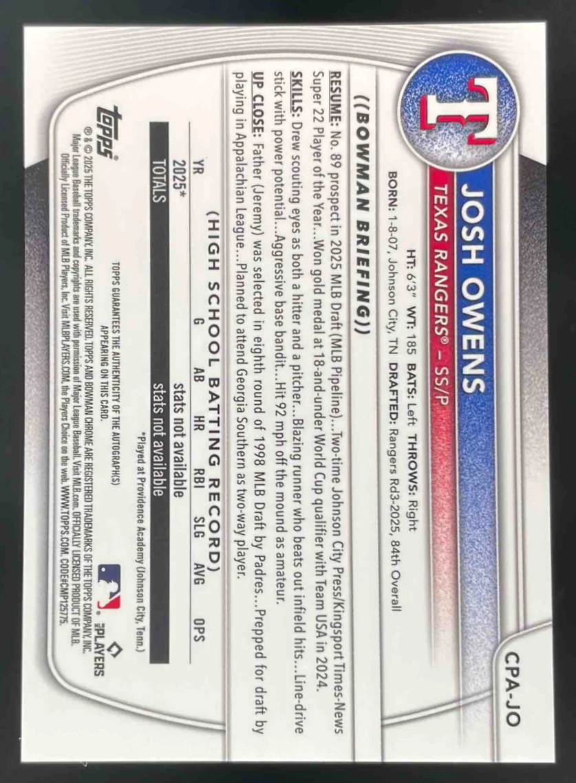 2025 Bowman Draft Chrome Prospect Autograph #CPA-JO Josh Owens RC Auto - Image 2