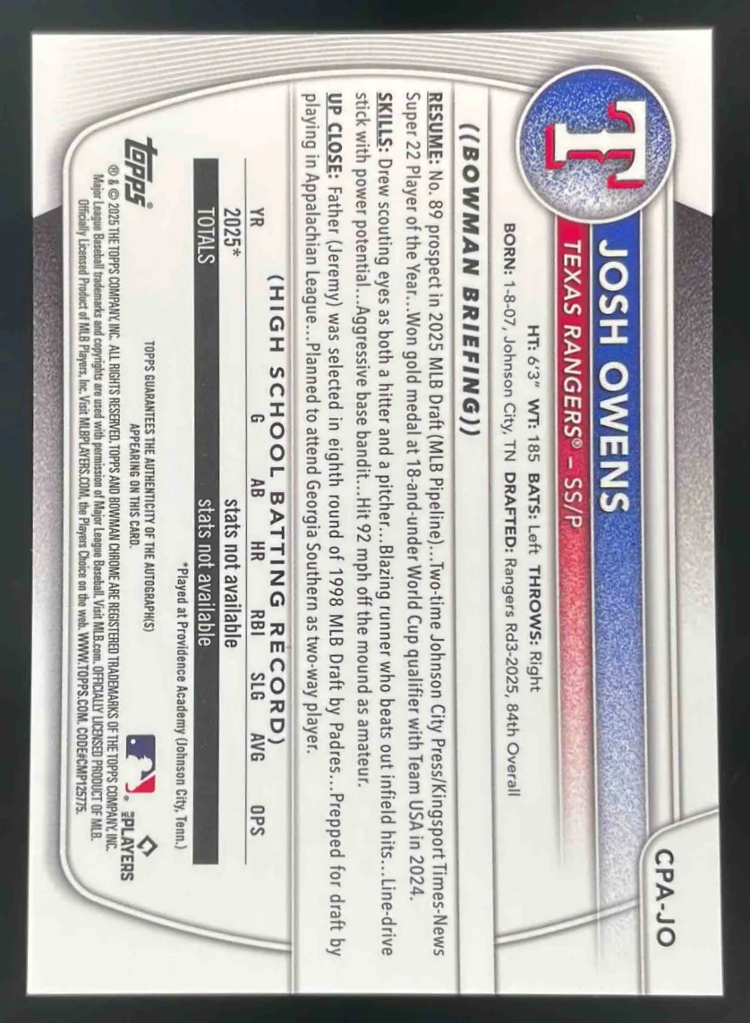 2025 Bowman Draft Chrome Prospect Autograph #CPA-JO Josh Owens RC Auto - Image 2