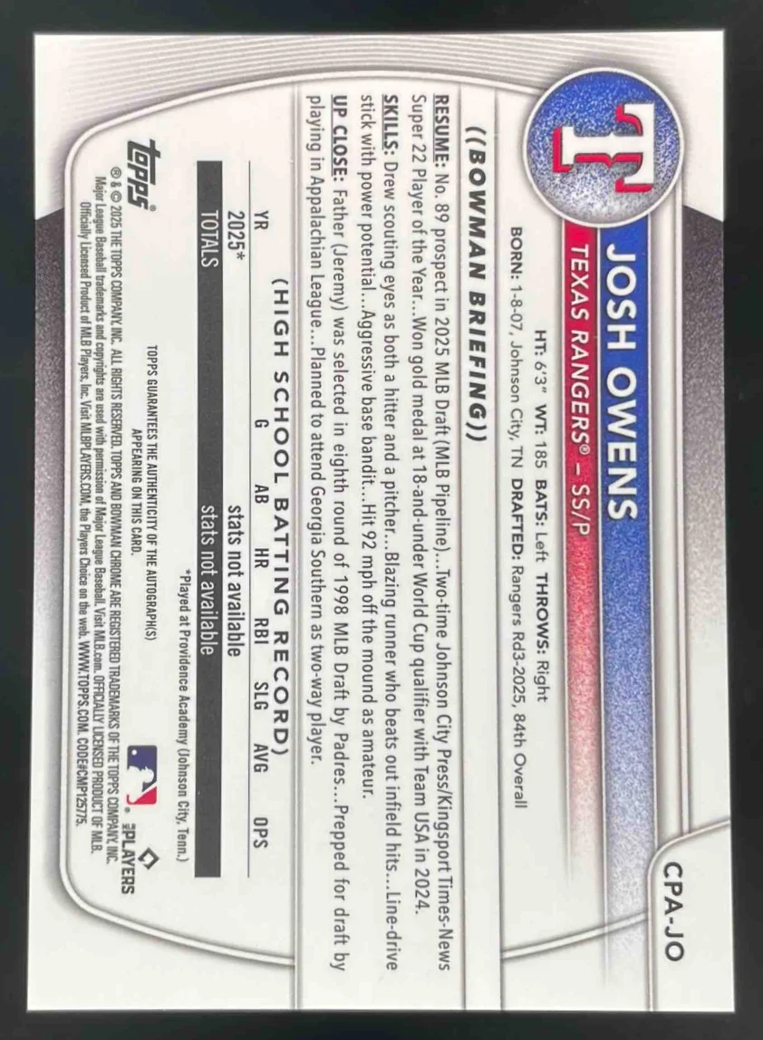 2025 Bowman Draft Chrome Prospect Autograph #CPA-JO Josh Owens RC Auto - Image 2