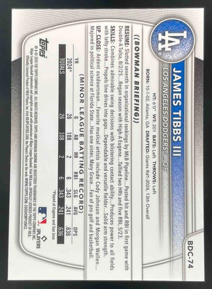 2025 Bowman Draft Sapphire Chrome #BDC-74 James Tibbs III - Image 2