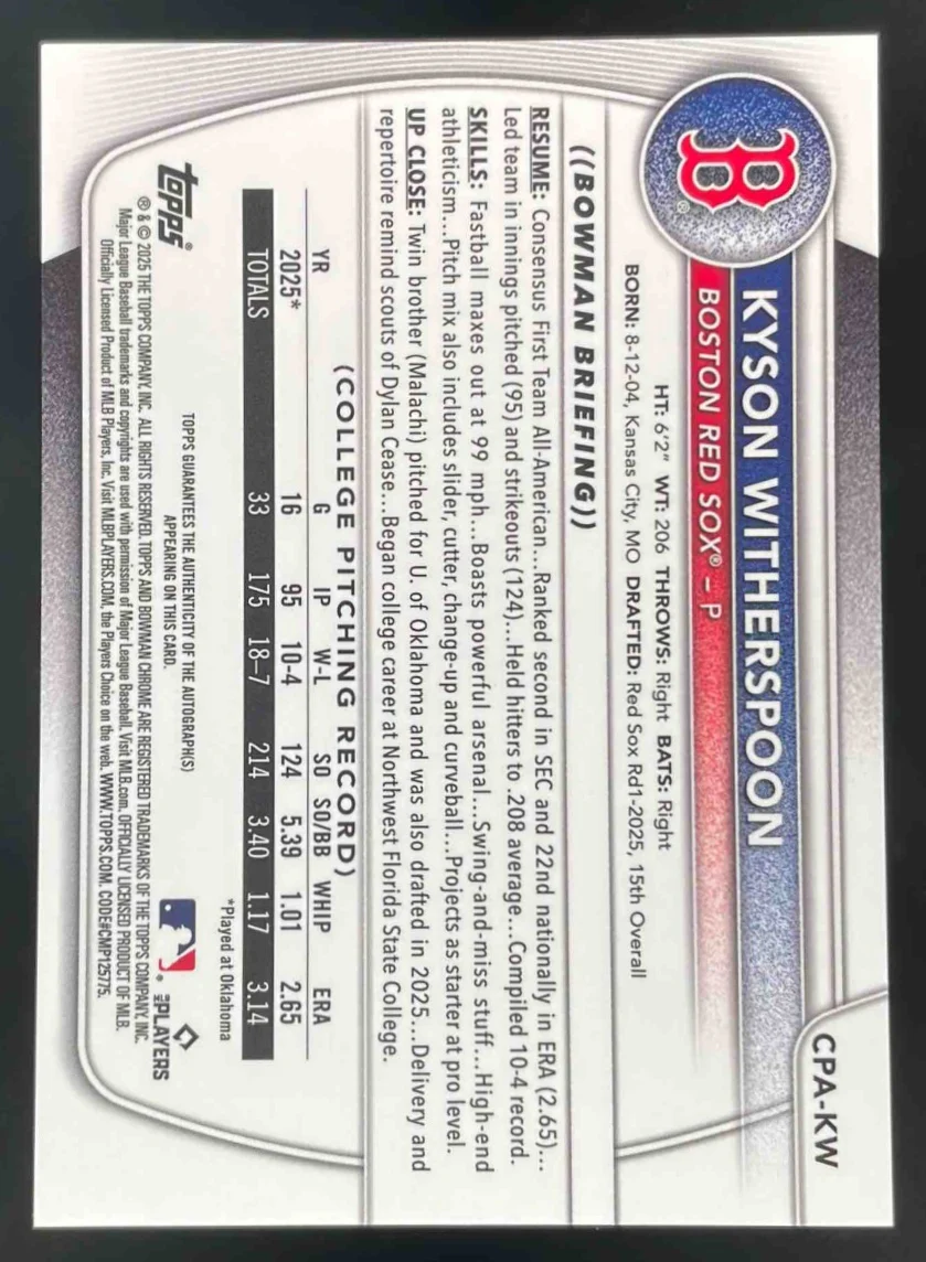 2025 Bowman Draft Chrome Prospect Autograph #CPA-KW Kyson Witherspoon RC Auto - Image 2