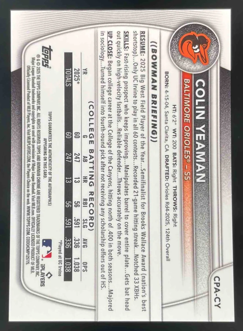 2025 Bowman Draft Chrome Prospect Sparkle #CPA-CY Colin Yeaman RC Auto /71 - Image 2