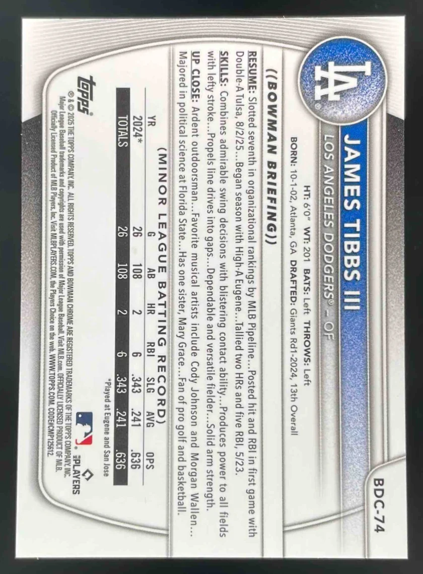 2025 Bowman Draft Sapphire Chrome #BDC-74 James Tibbs III - Image 2