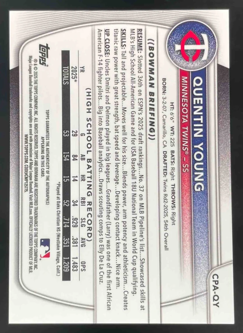 2025 Bowman Draft Chrome Prospect Autograph #CPA-QY Quentin Young RC Auto - Image 2