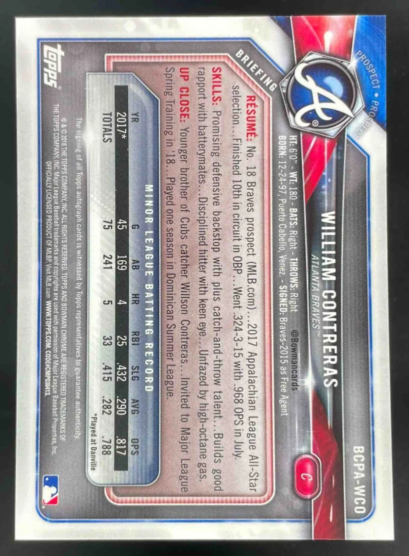 2018 Bowman Chrome Prospects Autographs #BCPA-WCO William Contreras Auto - Image 2