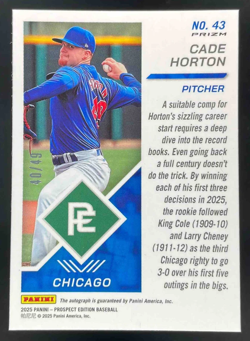2025 Prospect Edition Holo Prospect Ticket Purple Scope #43 Cade Horton Auto /49 - Image 2
