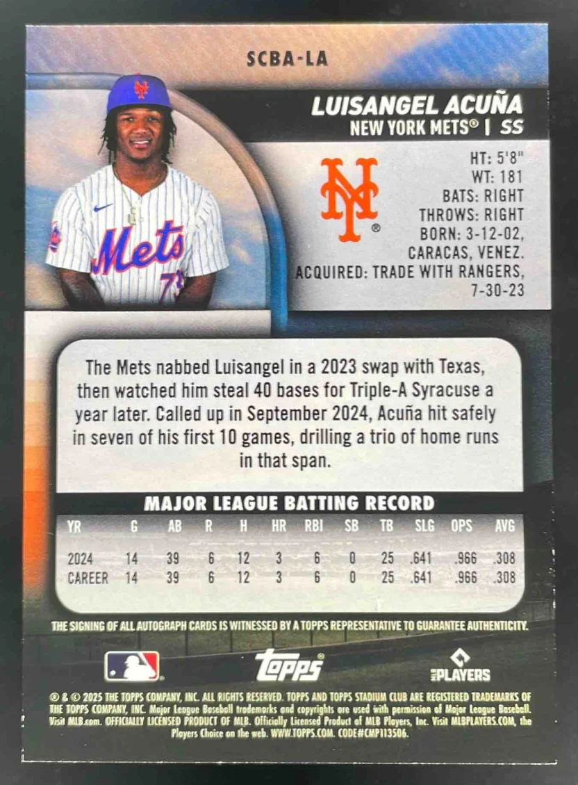 2025 Topps Stadium Club Autograph #SCBA-LA Luisangel Acuna RC Auto - Image 2