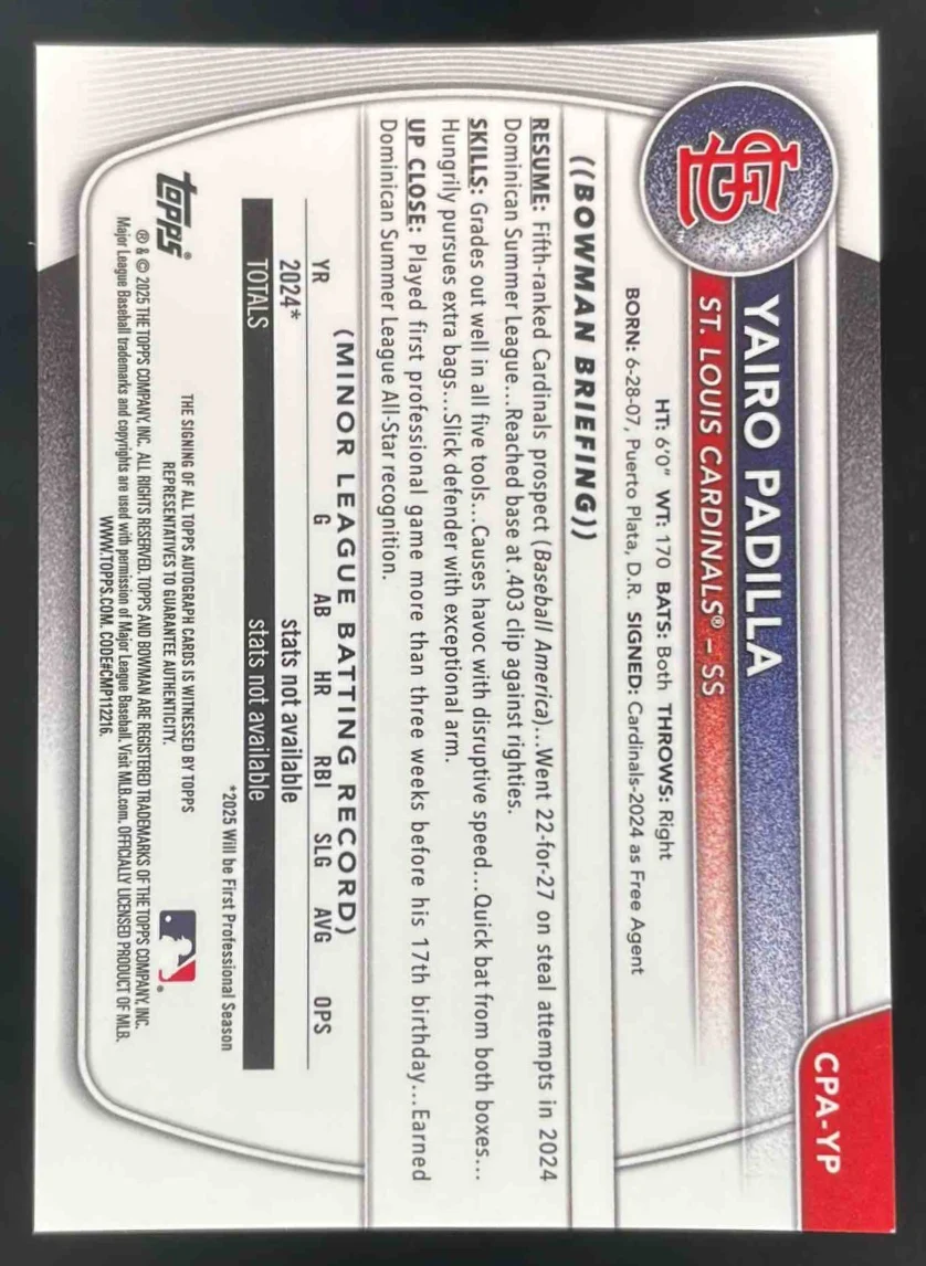 2025 Bowman Chrome Prospect Autograph #CPA-YP Yairo Padilla RC Auto - Image 2