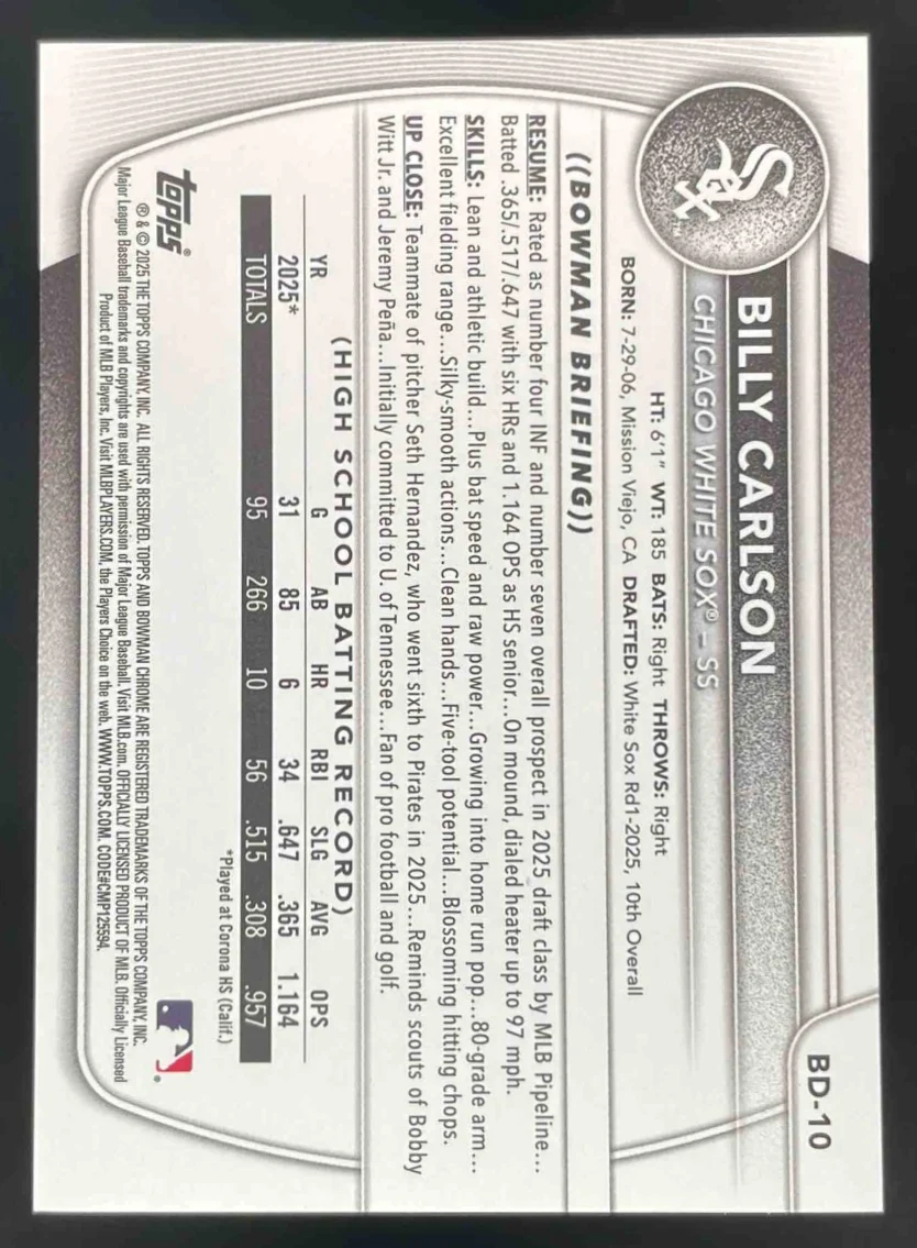 2025 Bowman Draft Blue Border #BD-10 Billy Carlson RC /150 - Image 2