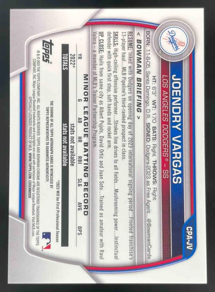 2023 Bowman Chrome Prospect Autographs #CPA-JV Joendry Vargas RC Auto - Image 2