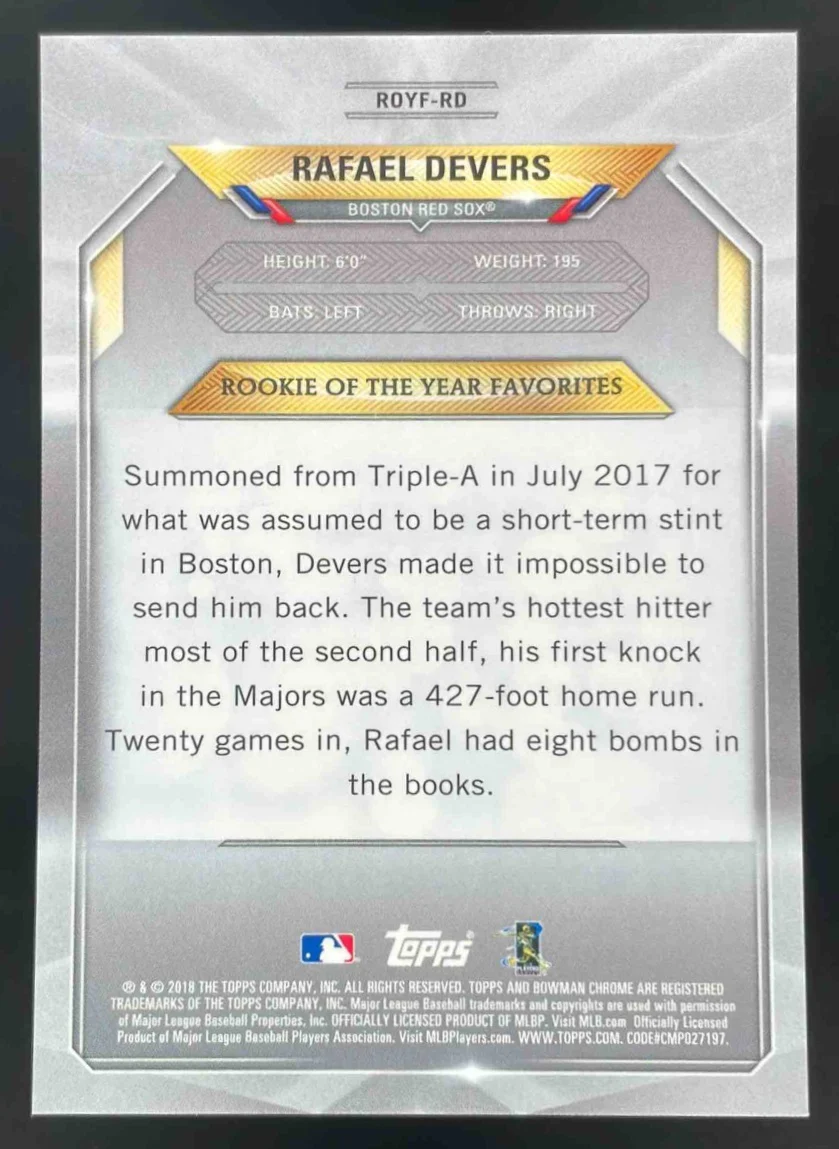 2018 Bowman ROY Favorites Chrome Orange #ROYF-RD Rafael Devers RC /25 - Image 2