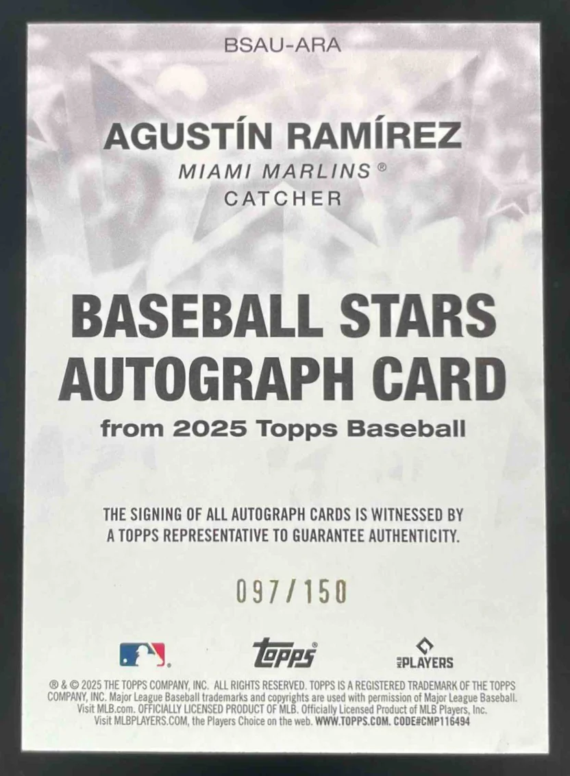2025 Topps Update Baseball Stars Blue Foil #BSAUARA Agustin Ramirez RC Auto /150 - Image 2