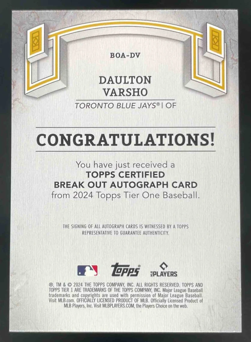 2024 Topps Tier One Break Out Autograph Blue #BOA-DV Daulton Varsho Auto /99 - Image 2